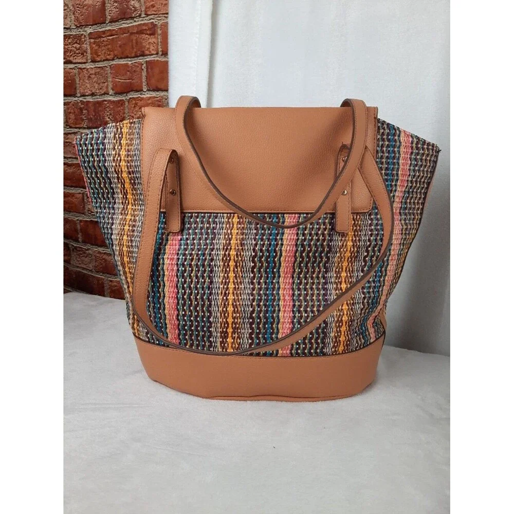 Anne Klein Straw Striped Woven Tote Bag